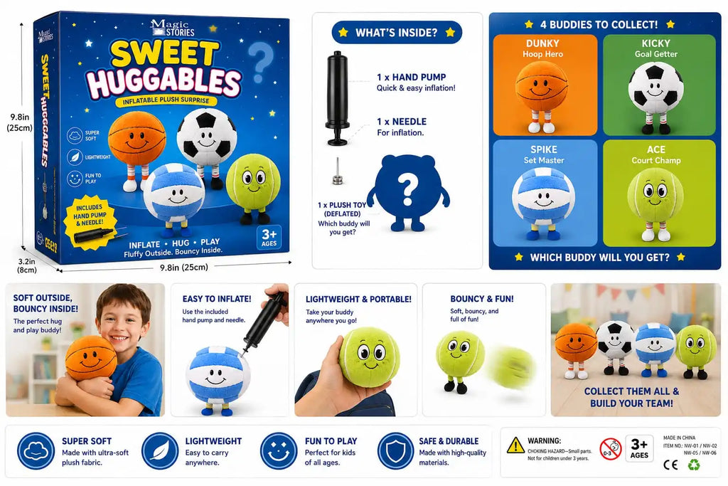 Sweet Huggables - 4-in-1 Inflatable Sports Plush Buddies Set