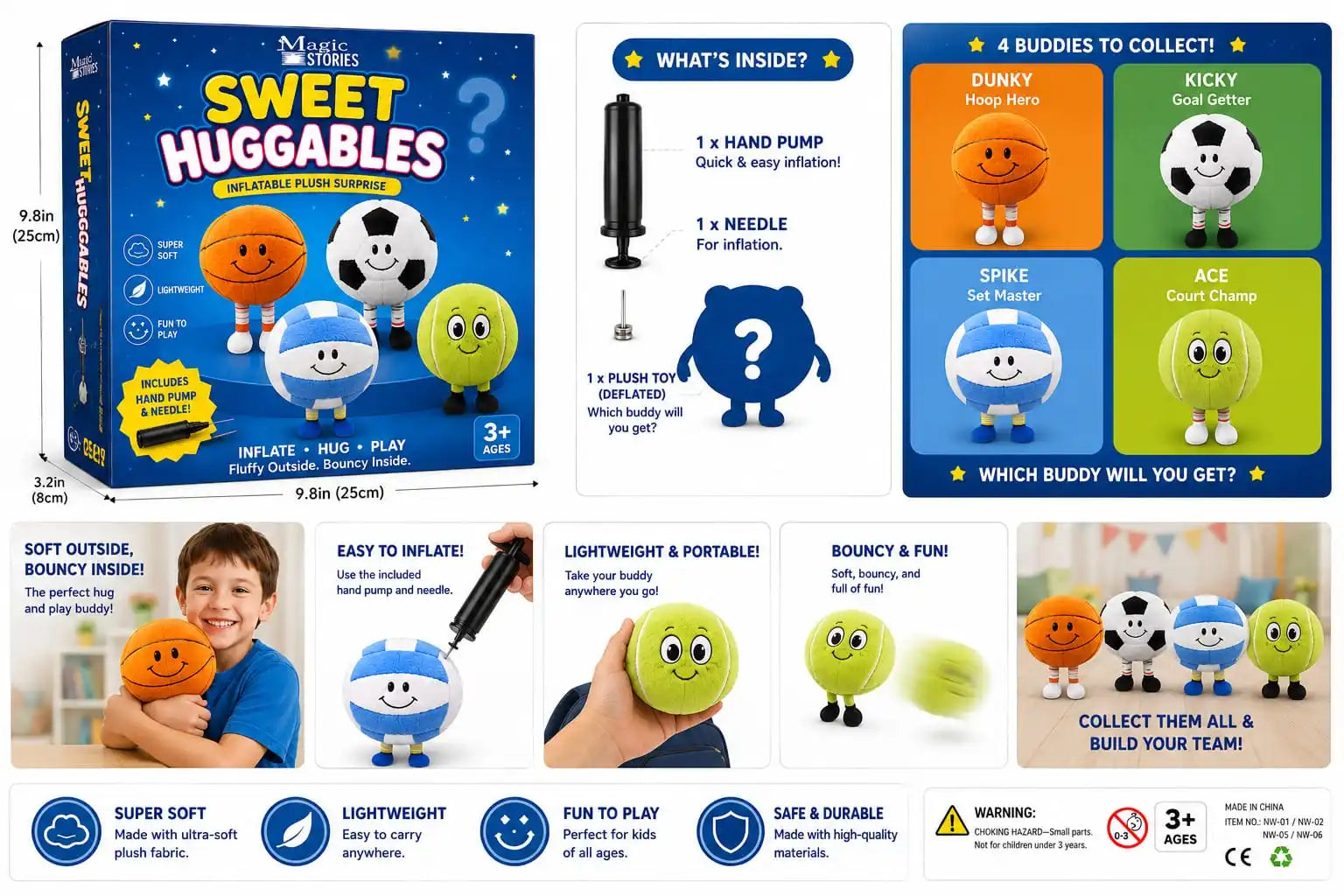 Sweet Huggables - 4-in-1 Inflatable Sports Plush Buddies Set