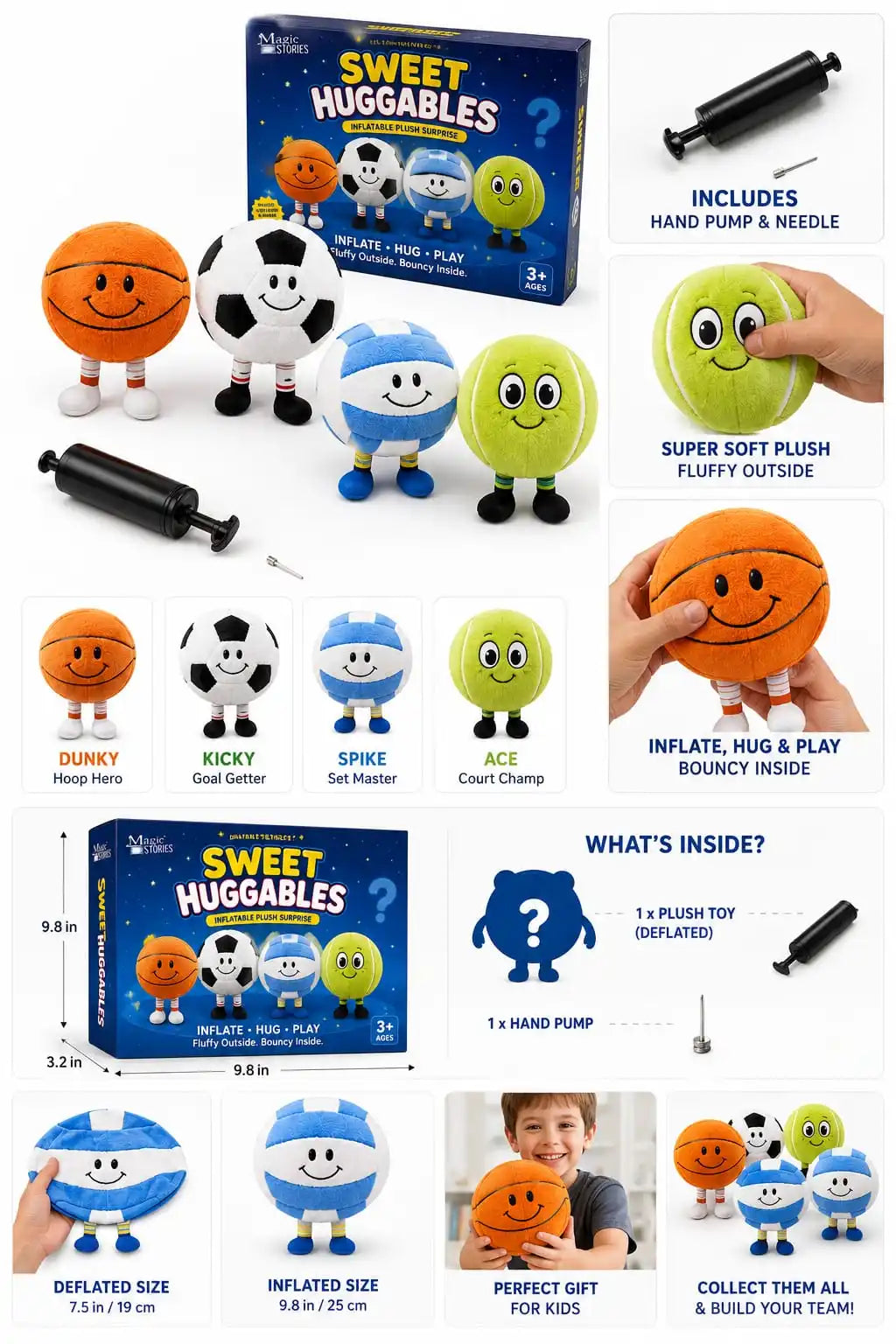 Sweet Huggables - 4-in-1 Inflatable Sports Plush Buddies Set